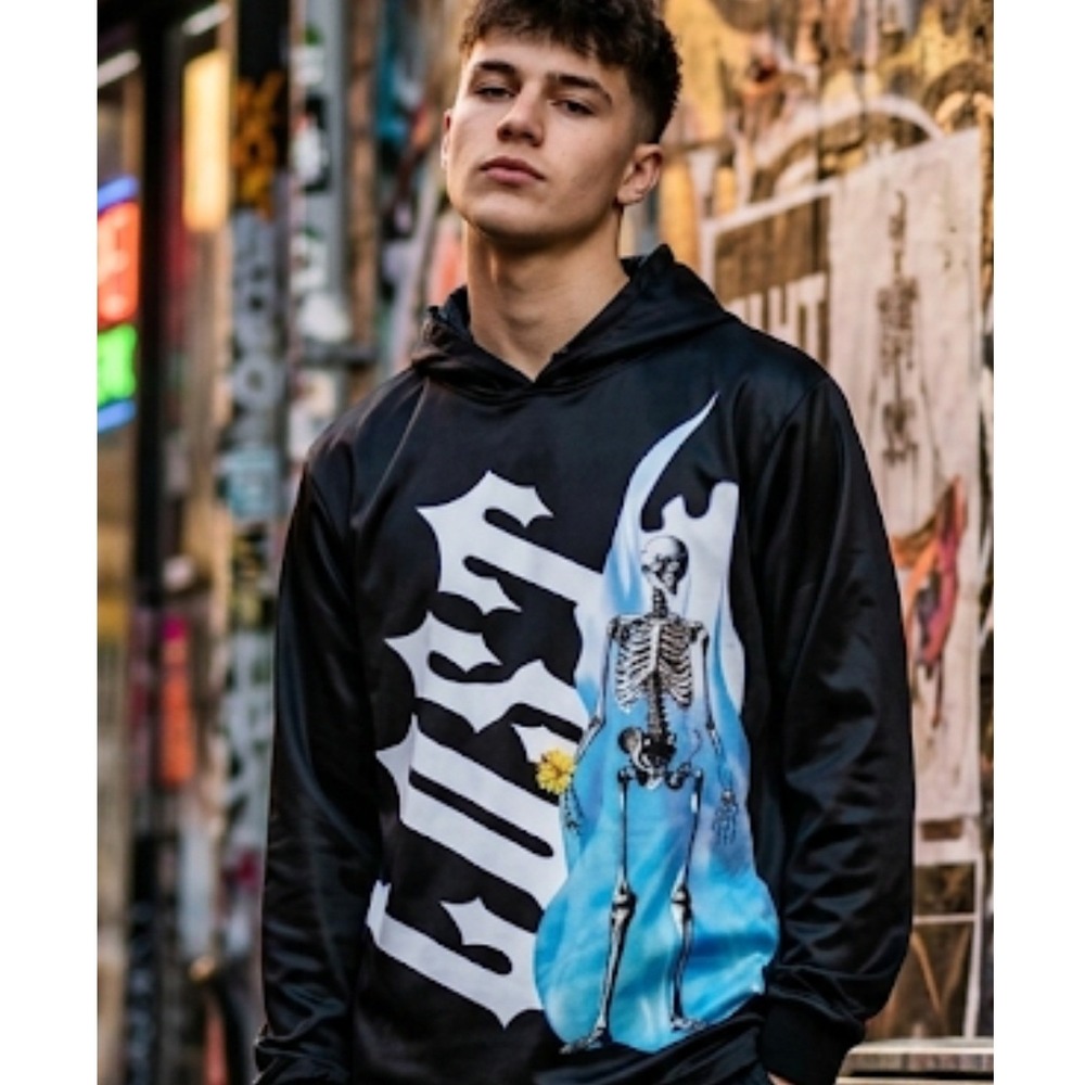 Lost Effects Unsex Skeleton Blue Flame‎ Graphic Hoodie Black XXXL Streetwear NWT